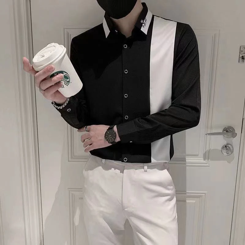 spring autumn new polo-neck loose casual patchwork blouse male long sleeve embroidery all-match cardigan top men bottoming shirt