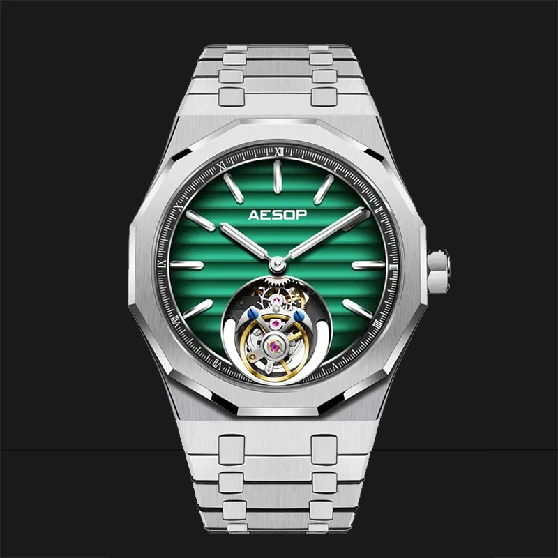 

AESOP Mens Flying Tourbillon Watch Gradient Double Hollow Dial Super Luminous 7057 Sapphire Male Manual Winding Mechanical Clock