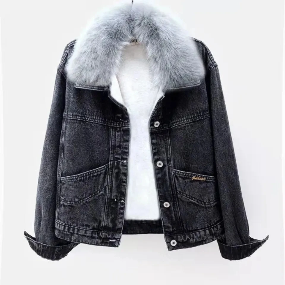 DanceeMangoo Plush Denim Jacket Women Warm Hooded Fur Collar Winter Coat  Fashion Splice Faux Lambswool Jean Jackets - Walmart.com