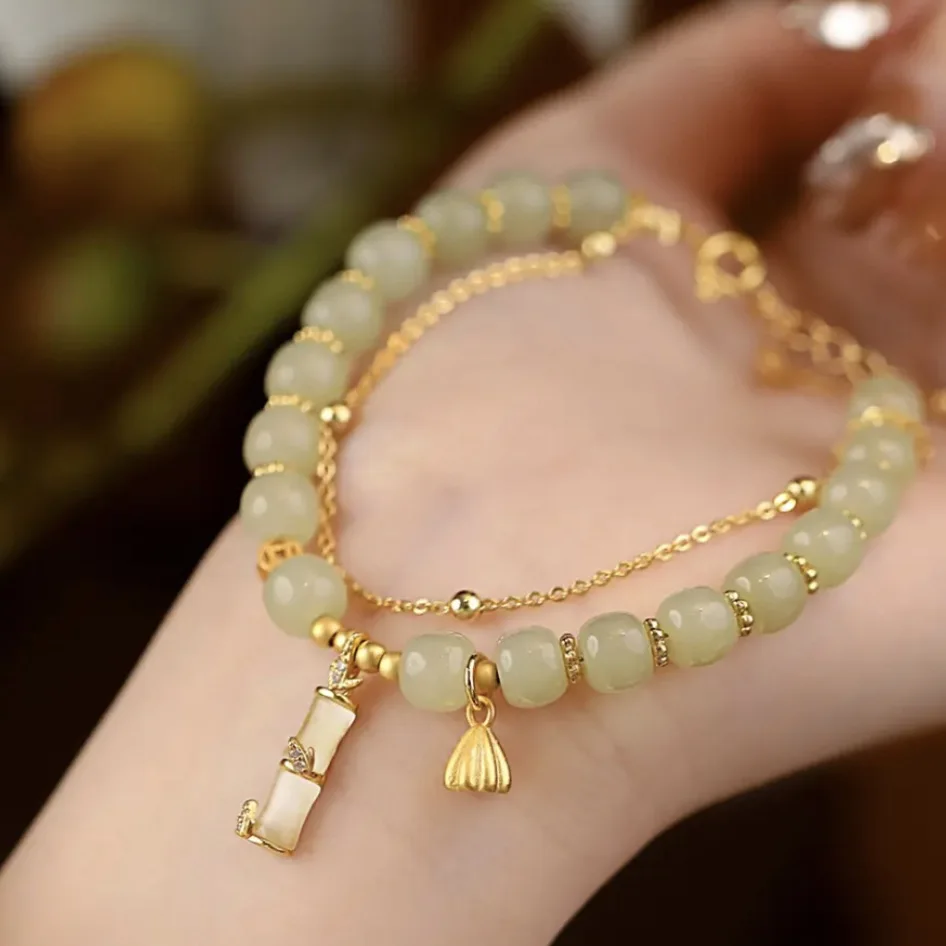 Doppelschichtiges, exquisites und elegantes Armband für Damen, natürliche Lianpeng-Handspieße, Hetian-Retro-Stil, Jade, als Geschenk für Freundin – Detail 3