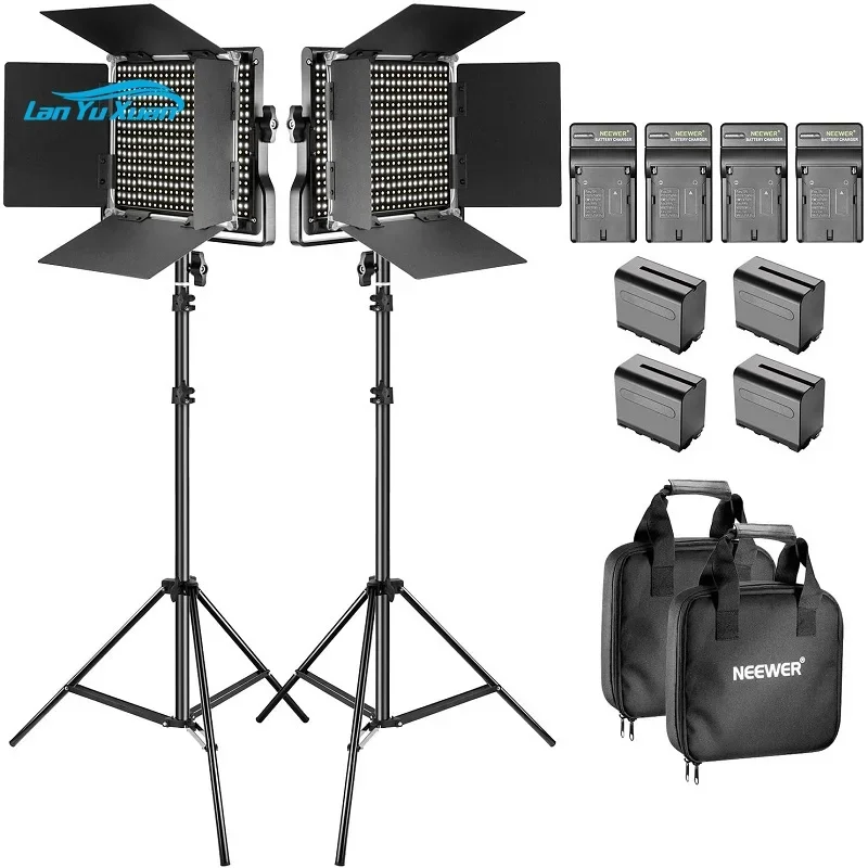 

Neewer 2-Pack Dimmable Bi-Color 660 LED Video Light with Barndoor and 6.5 Feet Light Stand, 4-Pack Rechargeable 6600mAh Battery