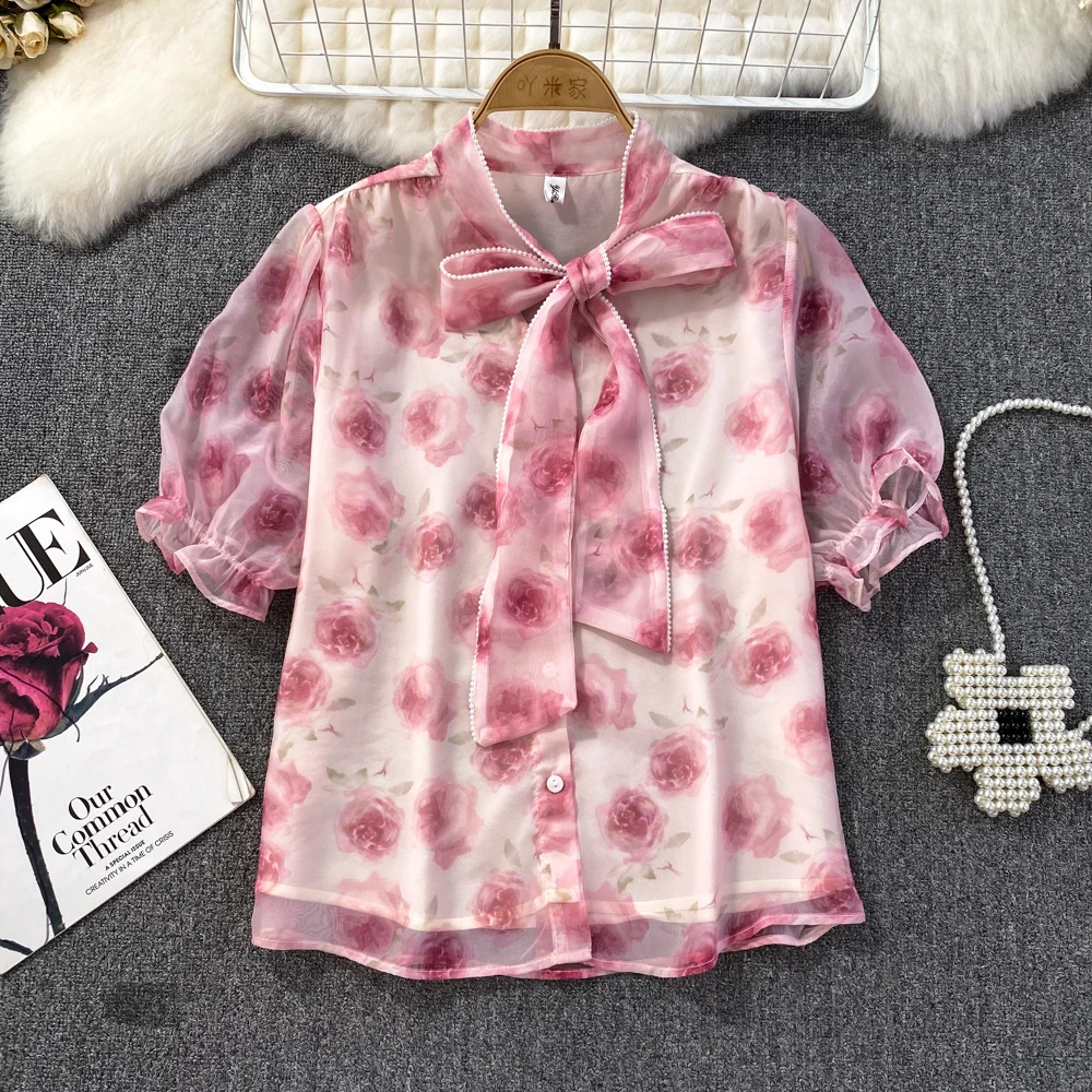 

Summer Bubble Short Sleeved Bow Tie Single Breasted Printed Chiffon Shirt Casual Top