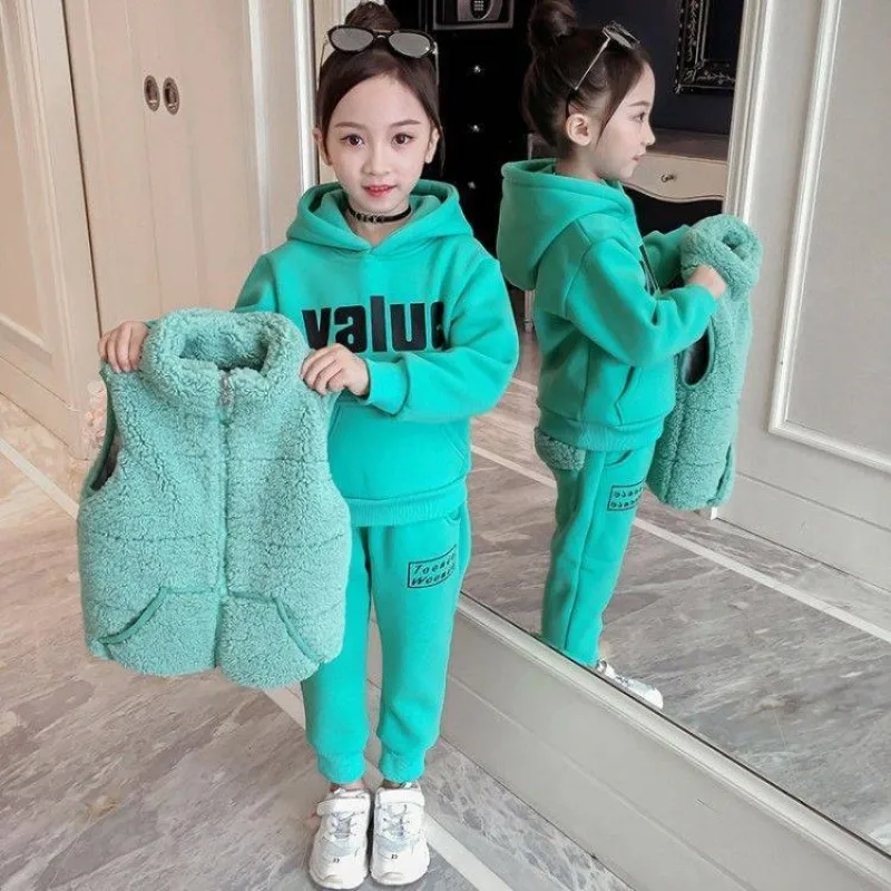 

Kids Winter Warm Baby Girls Clothing Set Thicken Pants Suit Children Plus Velvet Tracksuit Toddlers Hooded Vest 3Pcs/Set 4-12Yrs