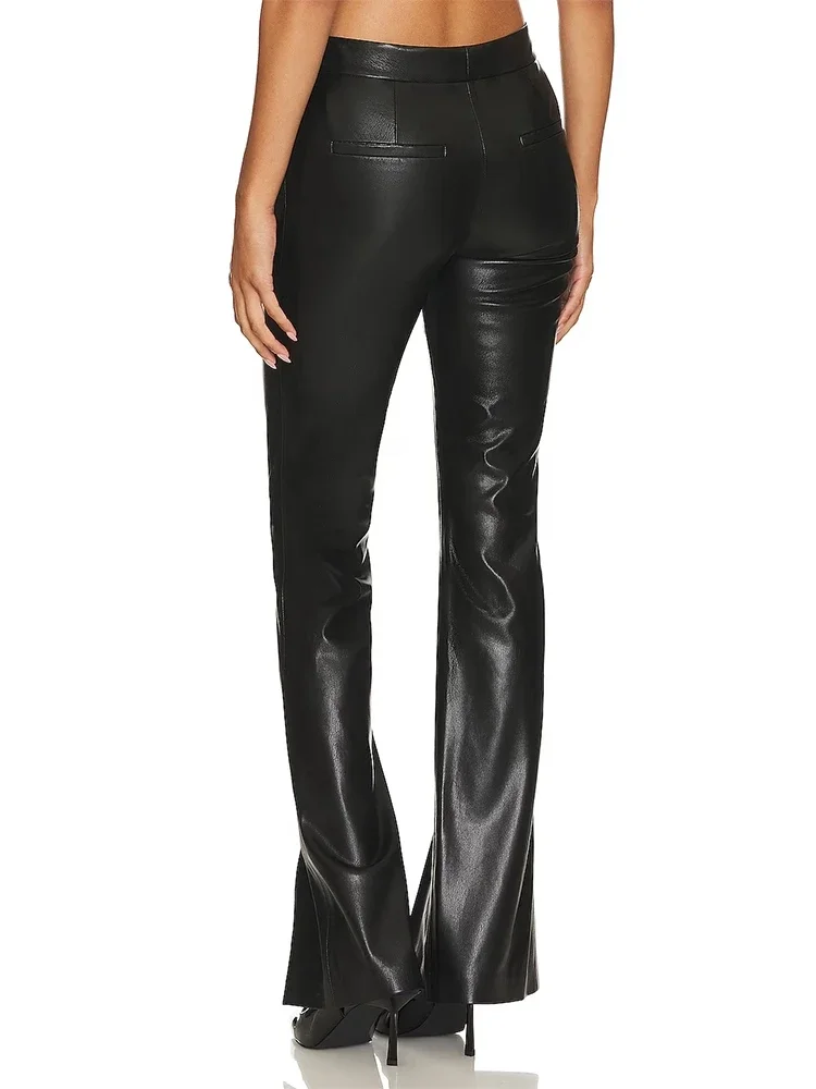 Faux Leather Pants for Women, High Waist, Vintage, PU Flare Pants, Hem Split, Stretch Trousers, Streetwear Leggings, Custom