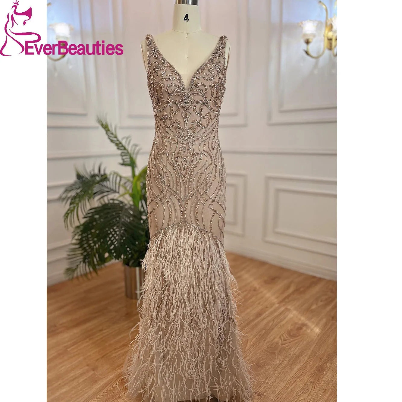 

Luxury Dubai Beaded Evening Dresses Long V-Neck Formal Dress Saudi Arabia Mermaid Party Gowns Tulle Prom Dress