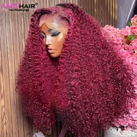 Perruque Lace Front Wig Naturelle Ondulée Rouge Bordeaux, Cheveux caution Bouclés, 13x4 HD, 99j 1