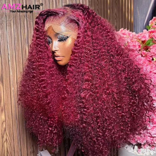 Perruque Lace Front Wig Naturelle Ondulée Rouge Bordeaux, Cheveux caution Bouclés, 13x4 HD, 99j 1