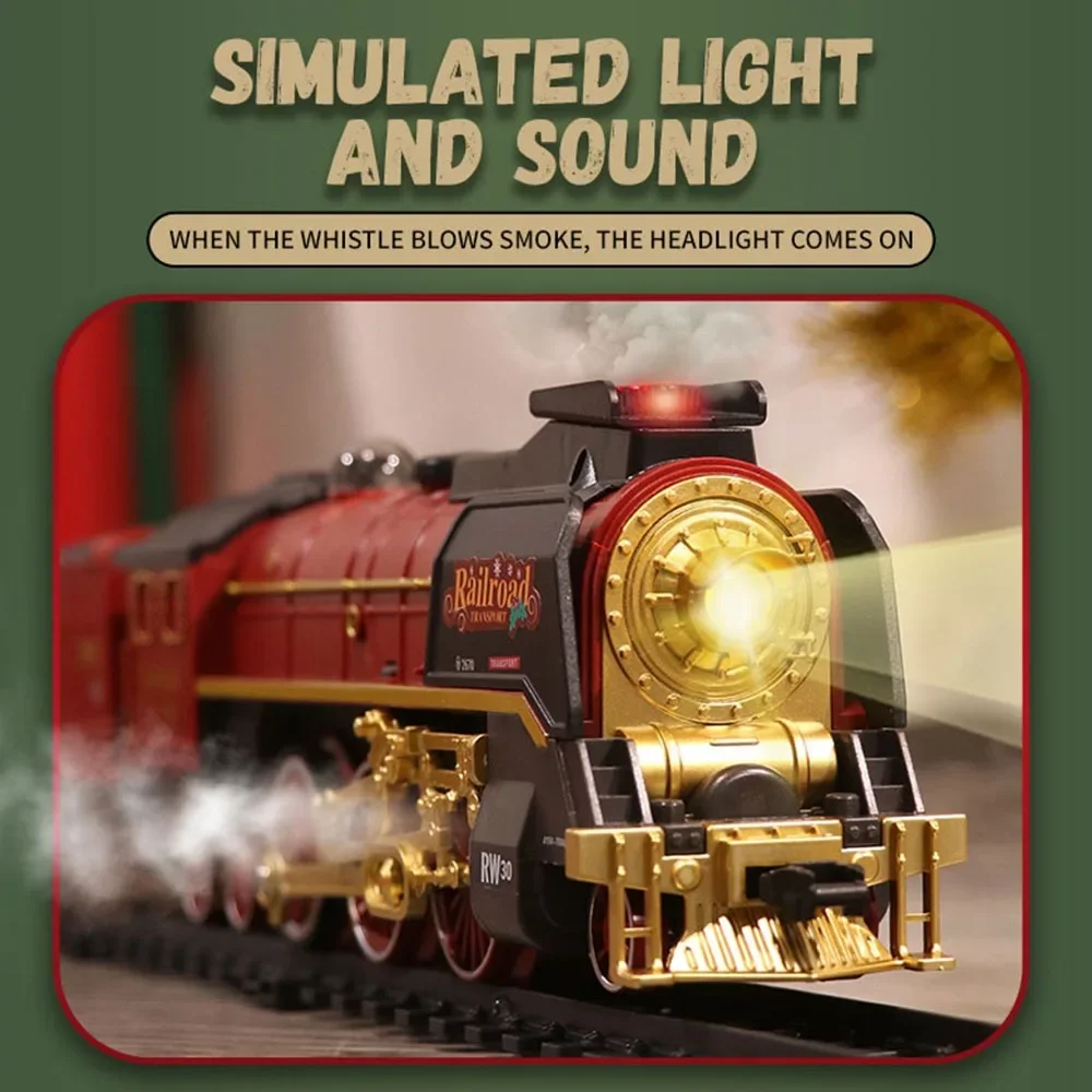 Retro Remote Control Train Steam Train Model Set Railway Adding Water To Smoke Light Christmas Toy for Kids Gift Children