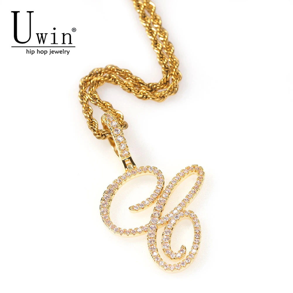 

Uwin HipHop Jewelry Gift Cursive Letters Name Necklace Pendant Charm Cubic Zirconia Full Iced Out For Men Chain