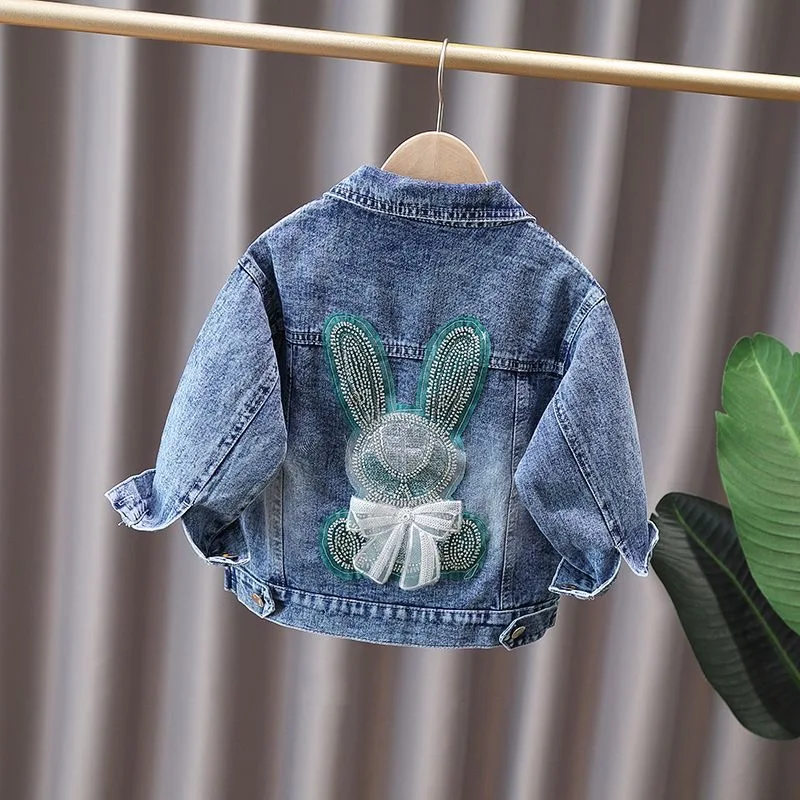 Girls' Denim Jacket with Cute Rabbit and Lace Bow Design