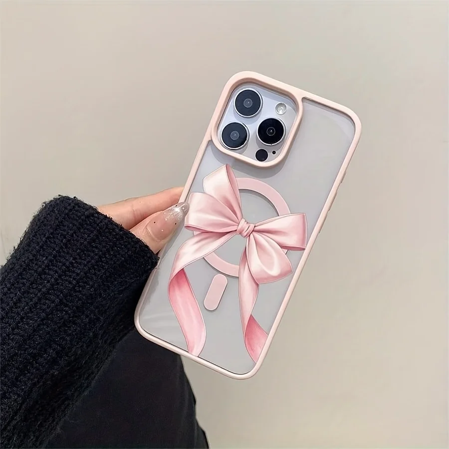 Pink Bow Pattern Magnetic Clear Wireless Charging Phone Case Cover