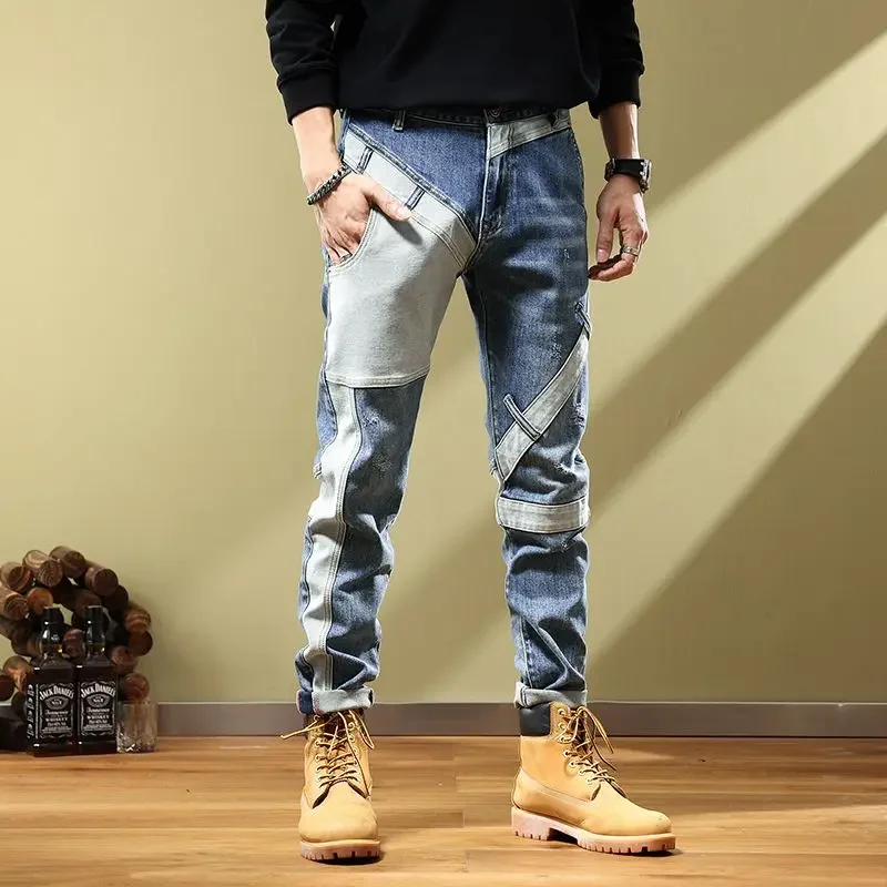 

Men's Jeans Stretch Tight Pipe Man Cowboy Pants Spliced Motorcycle Trousers Elastic Slim Fit Skinny New in Buggy Denim Harajuku