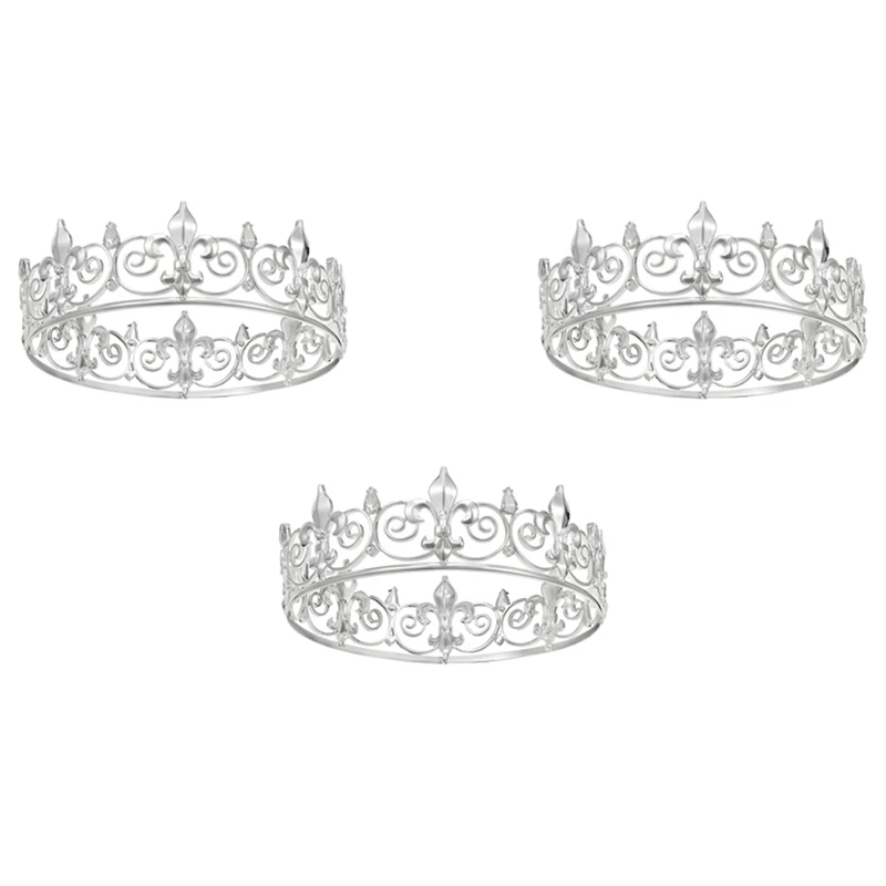 

New 3X Royal King Crown For Men - Metal Prince Crowns And Tiaras, Full Round Birthday Party Hats,Medieval (Silver Colour)