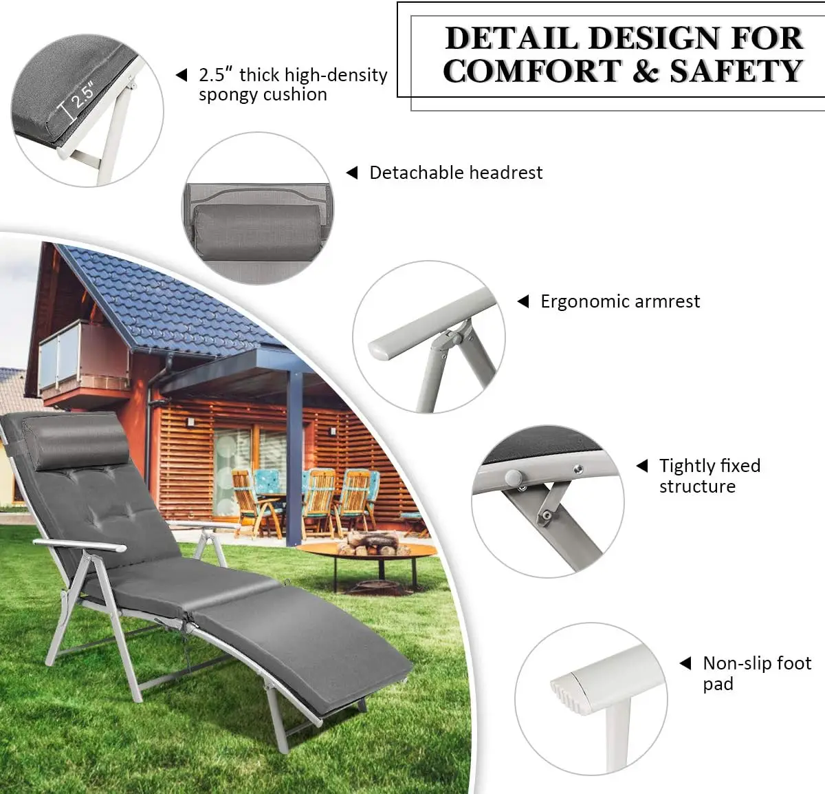 Outdoor Folding Chaise Lounge Chair, Lightweight Recliner Chair w/ 7 Adjustable Backrest Positions, Patio Reclining Beach w