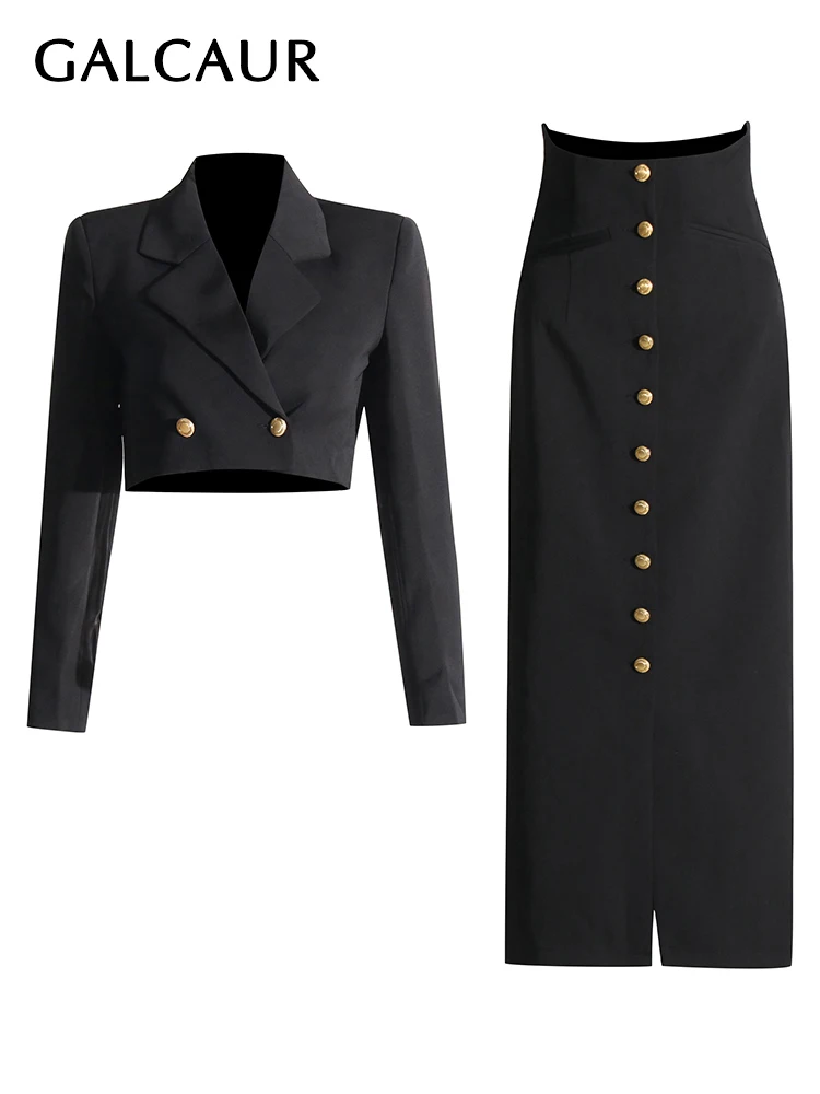 

GALCAUR Sliming Two Piece Set For Women Notched Collar Long Sleeve Shorts Top High Waist Spliced Buttons Skirt Solid Sets Female