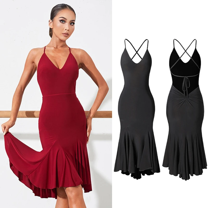 

Latin Dance Dress Women Ballroom Dance Competition Dress Backless Fishtail Black Red Tango Dance Dress Practice Wear DNV16781