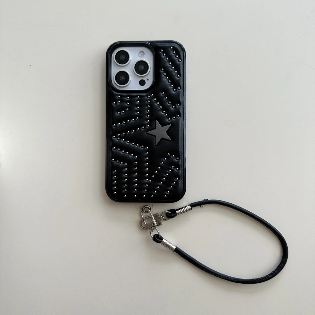 Black Willow Gothic Nail Metal Pentagram Star Leather Lanyard Phone Case
