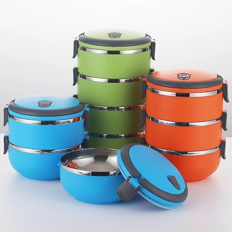 Stainless Steel Multi-layer Insulated Lunch Box Circular Sealed Lunch Box Student Office Workers Portable Handheld Bento Boxs
