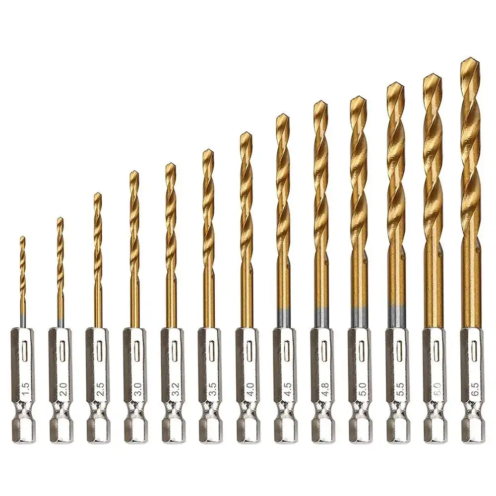 

Набор сверл, 13 шт., 1,5-6,5 мм, высокоскоростной стальной штопор с титановым покрытием и шестигранным хвостовиком, набор электроинструментов для дерева, пластика, алюминия