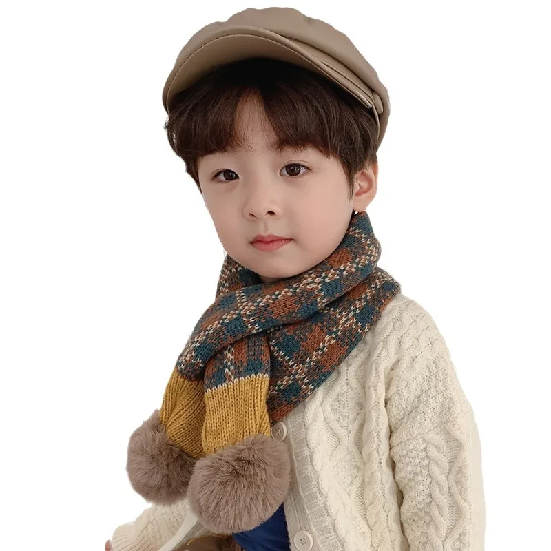 Fashion Checkered Knitted Children's Scarf Winter Warm Windproof Cute Boys and Girls Neck Cover Scarves Clothing Accessories