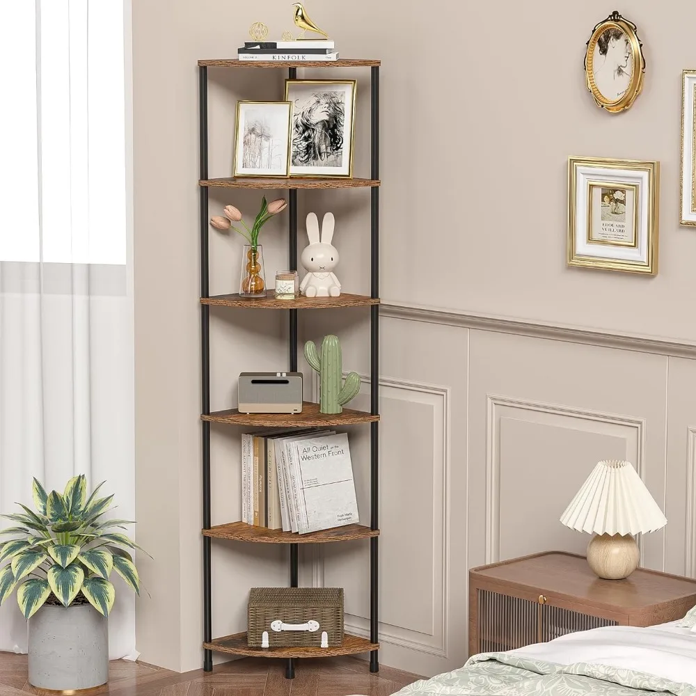 Corner Plant Stand Shelf, 6 Tier Tall Shelf Plant Stand for Indoor Plants, Rustic Brown Corner Shelf Bookshelf Wall Decor Living