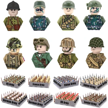 WW2 군사 군인 빌딩 블록 세트 무기, 소련 미국 영국 중국 프랑스 육군 액션 피규어 벽돌 장난감, 어린이 선물, 24 개/로트