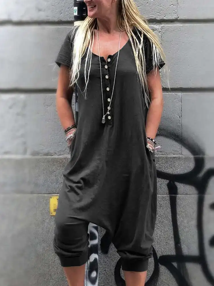 Jumpsuits Women 2023 Overalls Summer Vintage Drop-Crotch Female Playsuit Casual Celmia Short Sleeve O-neck Buttons Solid Rompers