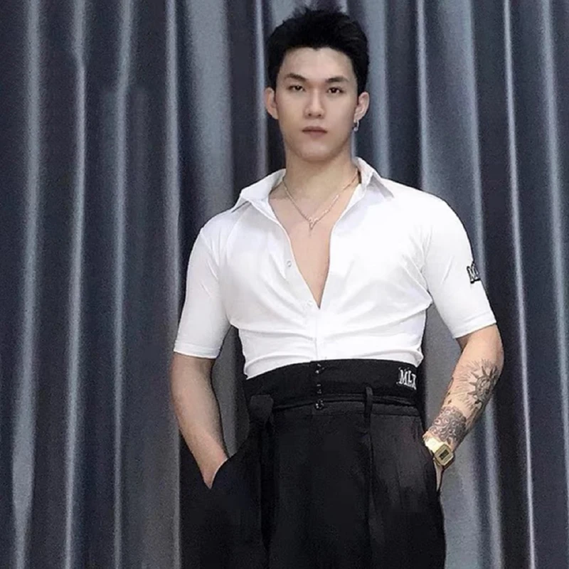 Dance Shirts Latin Dance Tops For Men Short Sleeved V-Neck Shirts Chacha Rumba Tango Dress Ballroom Latin Practice Clothes DQS13243