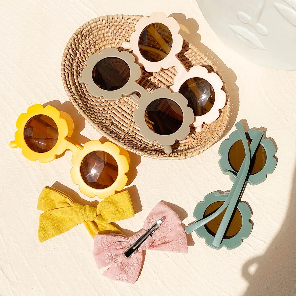 2/3Pcs/Set Cotton Bows Hair Clips Sunglasses for Kids Girls Cute Vintage Sun Flower Glasses Cool Headwear Hair Accessories Gifts 3pcs set for kidsartificial flower hairpins sunglasses set girls vintage geometry protective glasses headwear hair accessories