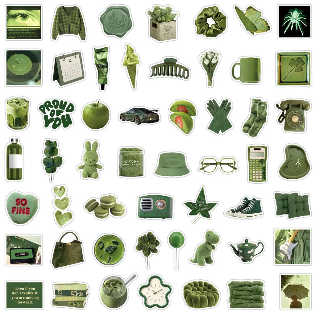 50개입 인스 스타일 한국 올리브 그린 예술적 방수 스티커 DIY 데칼 (저널, 물병 & 여행가방용) AnimeWorlds Store