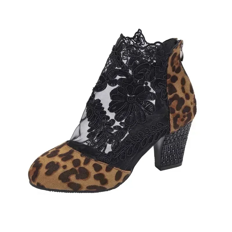 Women High Heels Autumn Female Shoes Round Toe Ladies Boots Leopard Print Booties Ladies Lace Floral Back Zipper Zapatos Mujer