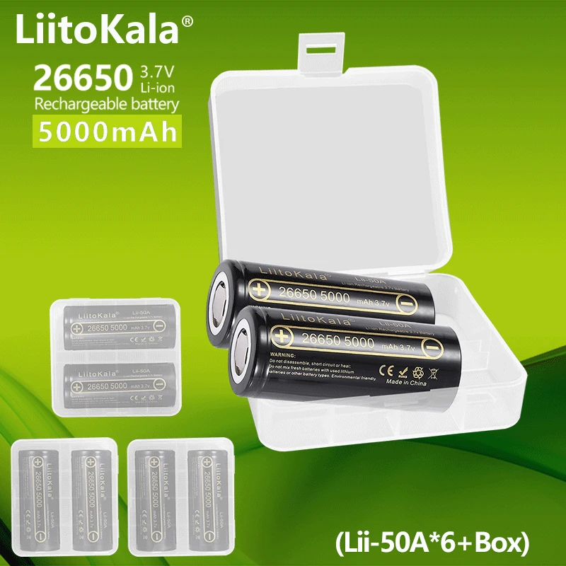6 Pz Liitokala Lii-50A 26650 5000Mah Batteria Al Litio 3.7V 5000Mah 26650 Batteria Ricaricabile 26650-50A Adatto Per Flashligh