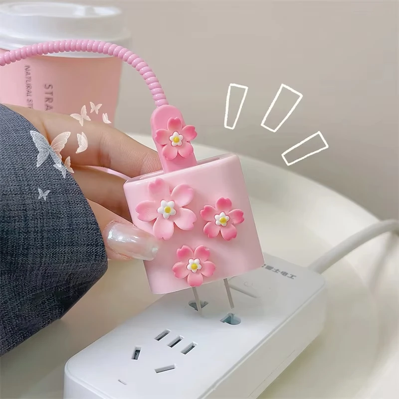 3D Pink Flower USB Charger Protective Sleeve - Stylish Accessory with New Data Line Protection