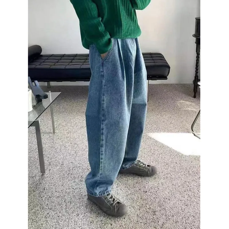 

2022 Korean Style Men's Loose Denim Wide Leg Pants Baggy Homme Casual Pants Cargo Pocket Jeans Mens Blue Color Trousers S-XL