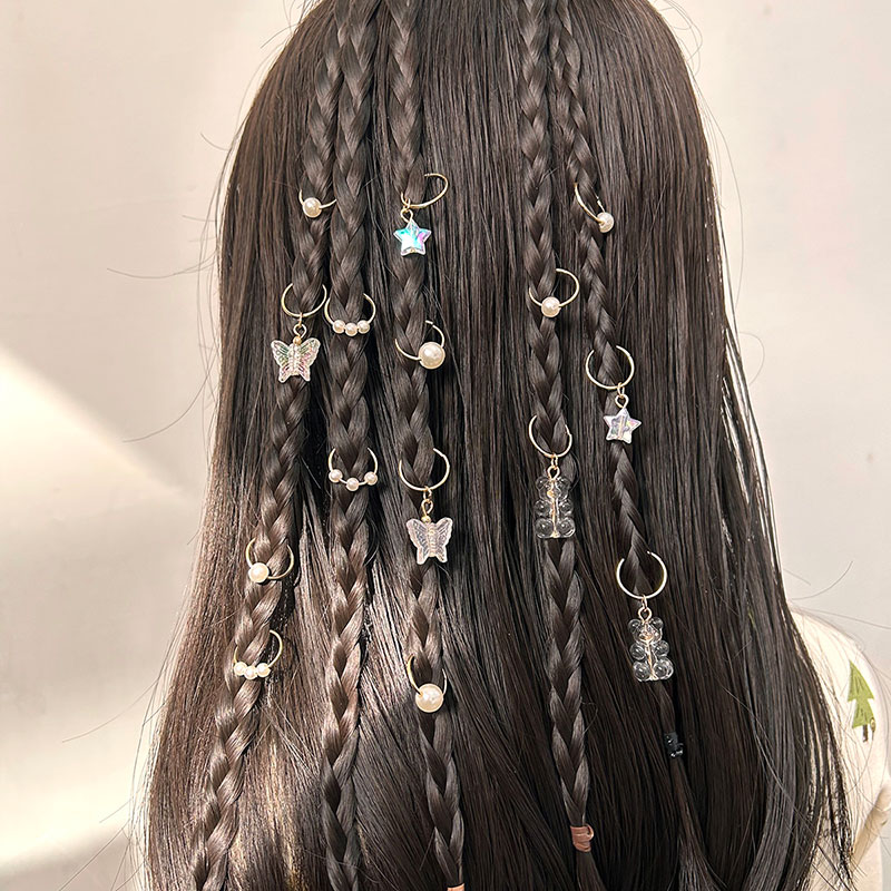14Pcs Dreadlocks Hair Rings Cute Bear Pearl Clip Hair Braids Charms Dirty Braids Bead Hairpin Headwear Women Hair Accessories