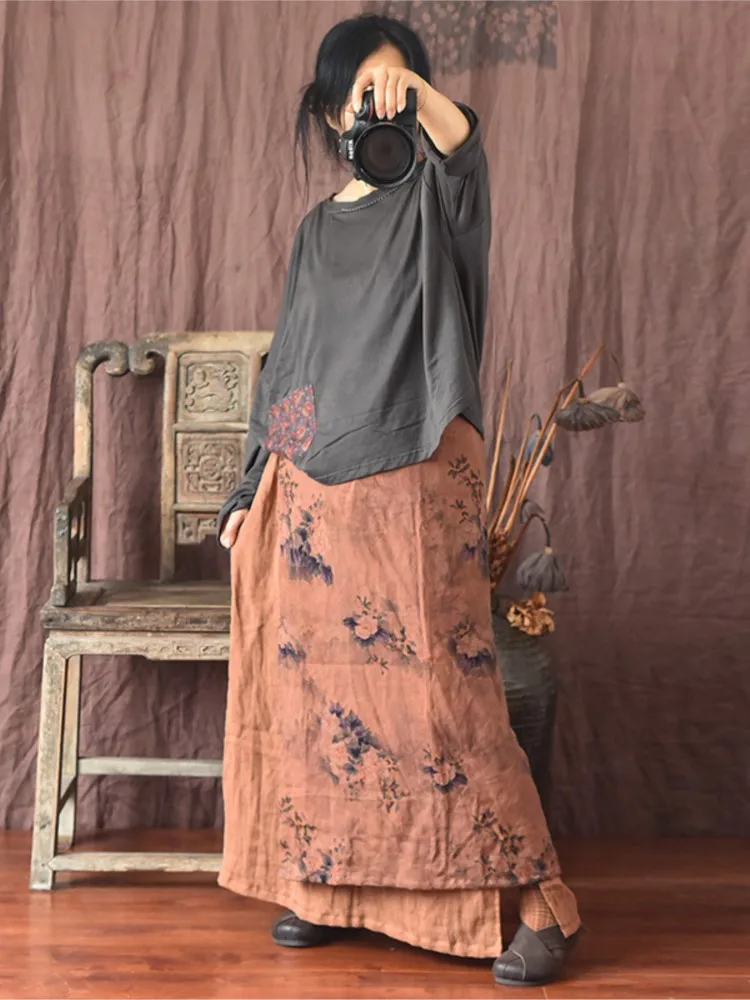 Women Linen Patchwork Skirts Ladies Loose Skirt Female 2025 Skirt Spring Autumn Summer Skirts 4