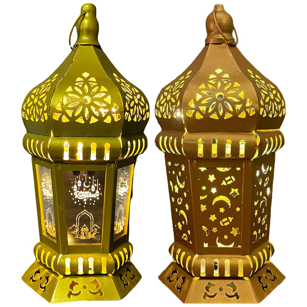 Iron Eid Mubarak Night Light Hanging Moroccan Lantern Table Lamp for Home Eid Mubarak Islamic Muslim Decoration