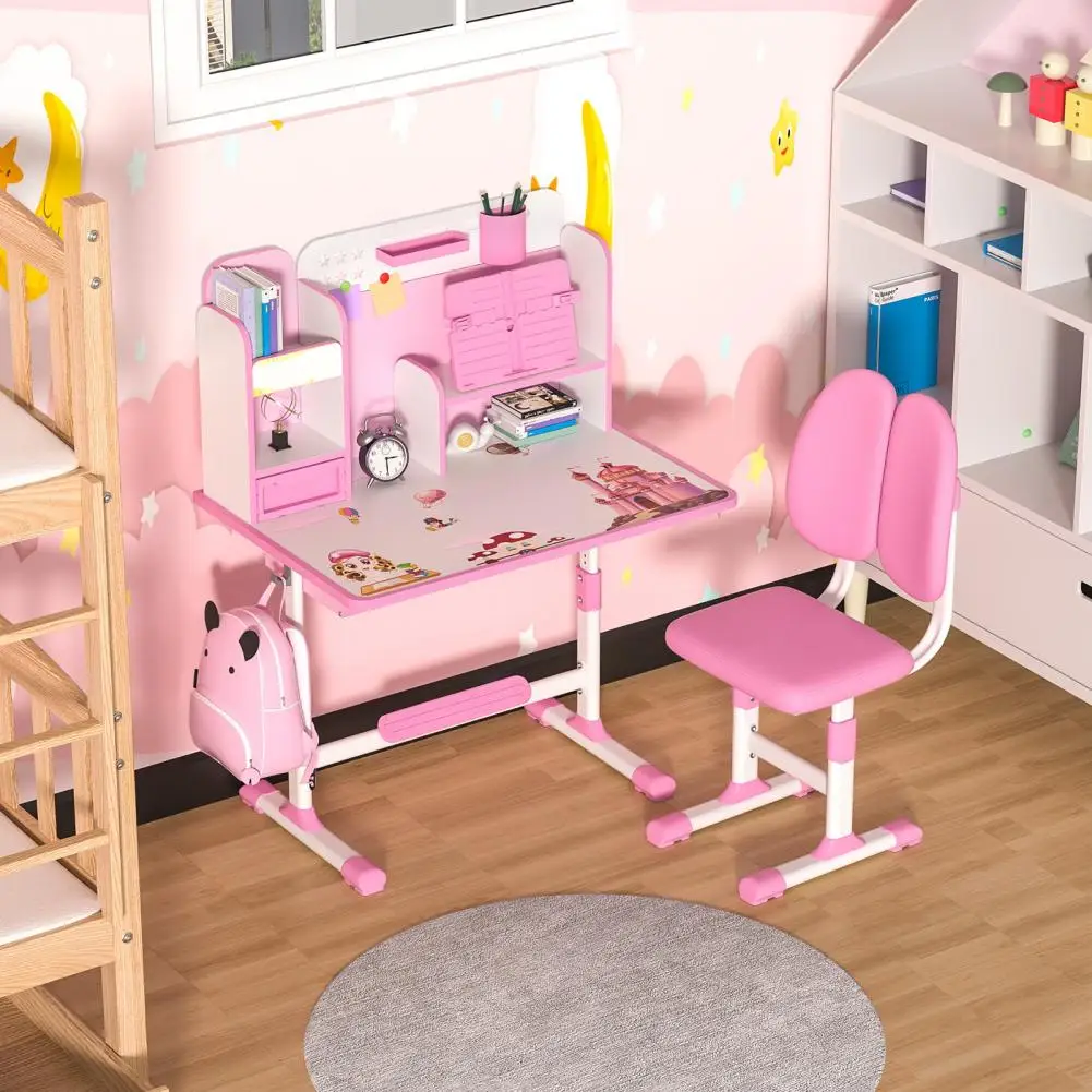 2Pcs/Set Height Adjustable Children School Study Table Chair Set Kids Study Desk Chair Set with Sitting Corrector and Book Stand 4