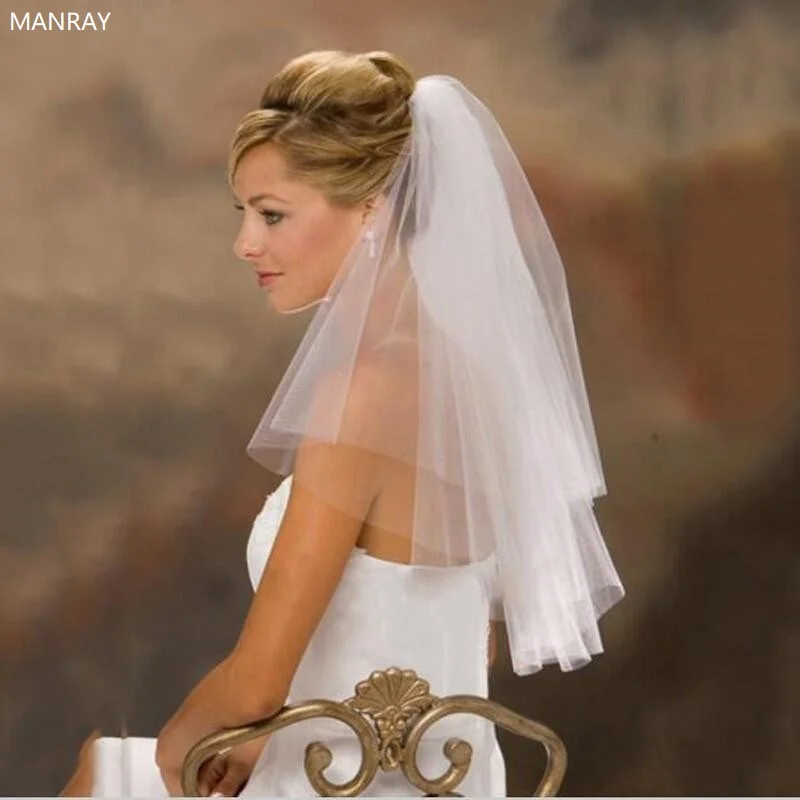 MANRAY 2023 Sluier In Stock Voile Short Veil Cheap Wedding Accessories Double-layer Hair Comb Welon Veu De Noiva Bride Veil