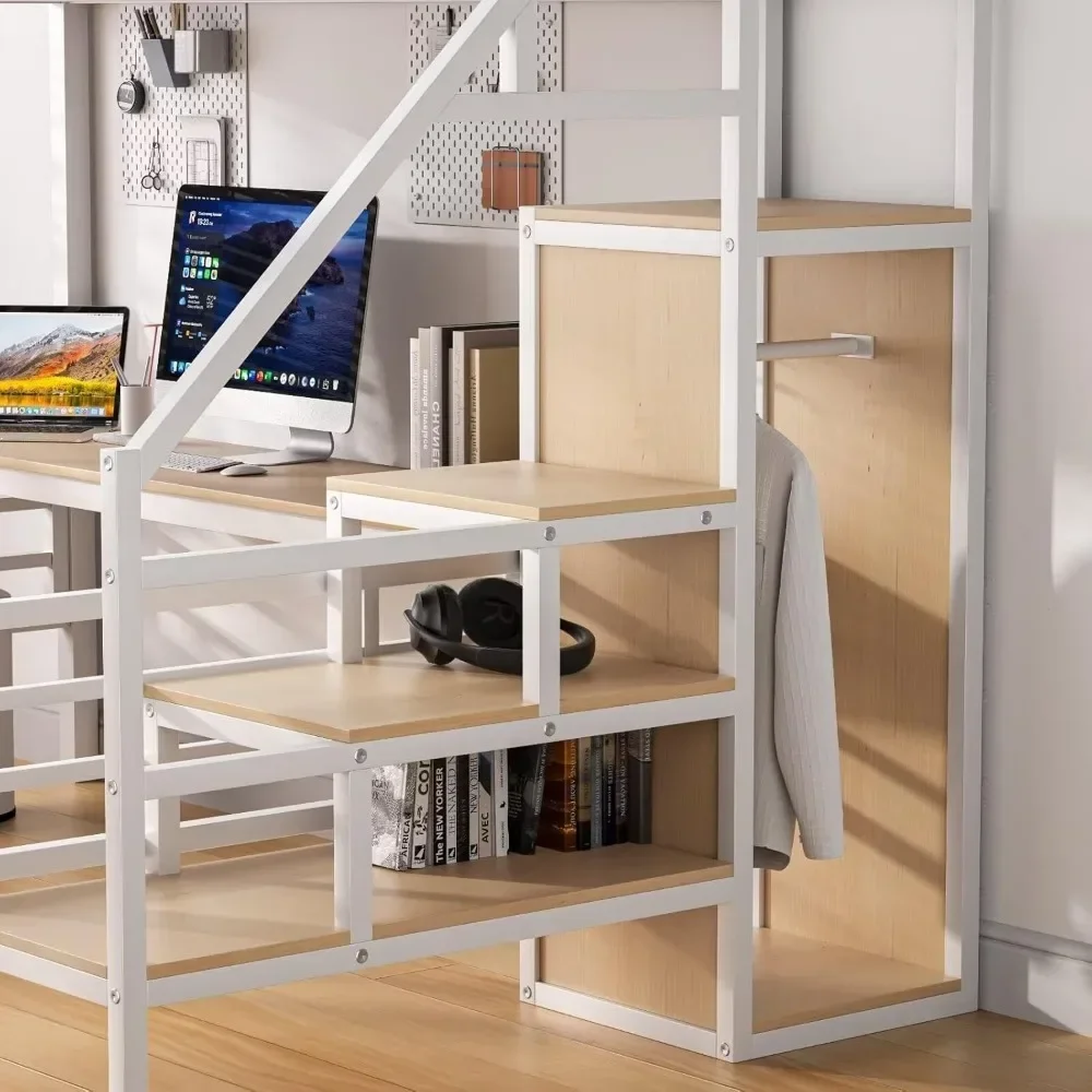 Full Size Loft Bed, Desk & Storage Stairs, Versatile High Loft Bed, No Box Spring Needed, Metal Loft Bed Frame Kids Bed 4