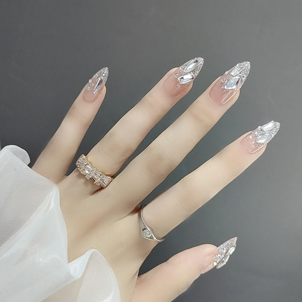 24pcs Diamond Press On Nails Long Cute Rhinestones Design Fake Nails Full  Coverage Nails 2022 Extension Free Shipping For Girl - False Nails -  AliExpress