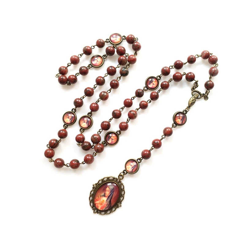 

Retro Brown Stone Virgin Pendant Necklace 7 Sorrow Rosary For Men Women Religious Jewelry