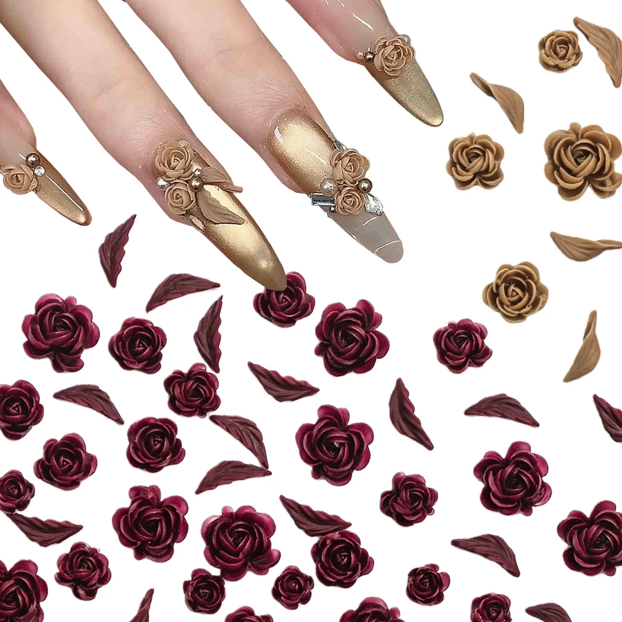 100 Stück gemischte Größe, weiche Rosenblüten und Blätter, Nagelkunst-Charms, Retro-geprägte Nageldekorationen für Herbst-Winter-Maniküre – Detail 1