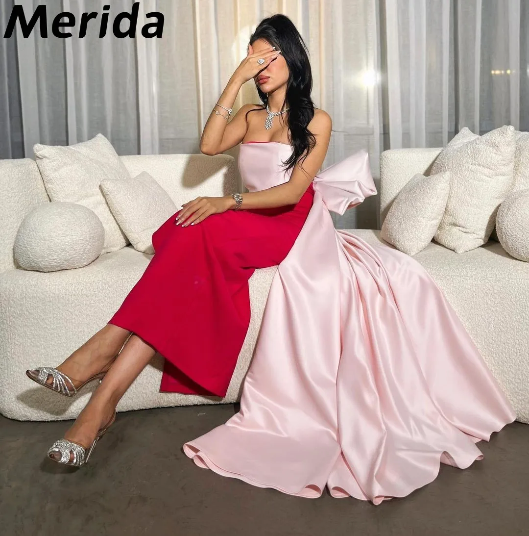 

Strapless Bow Evening Dresses For Prom Sleeveless Ankle-length Match Color Elegant Arabia Party Gown Vestidos De Graduation