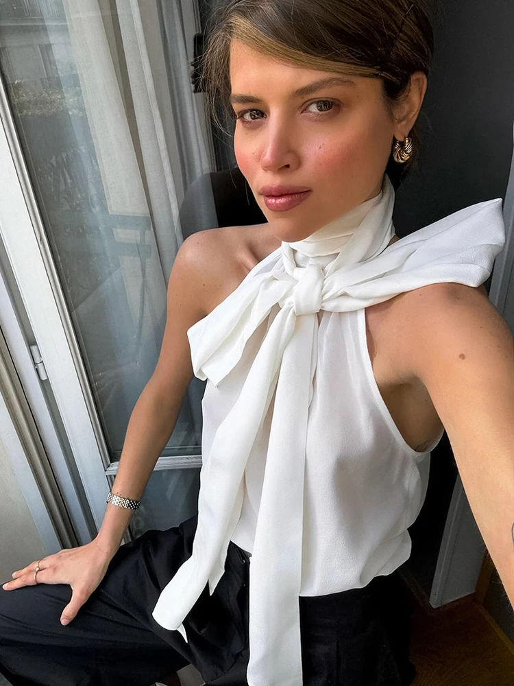 

Пикантный шифоновый жилет YAMIKO с высоким воротником и бантом на шнуровке, женские облегающие летние рубашки без рукавов, топы 2024, тонкая внутренняя Женская шикарная майка