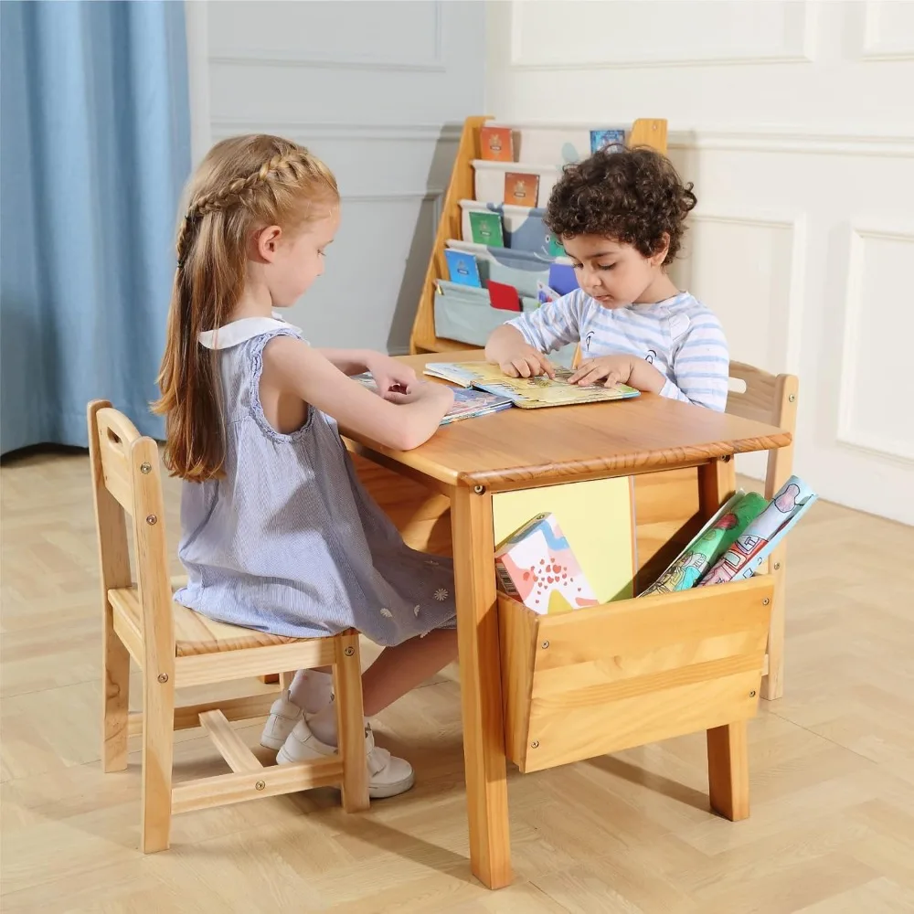Kids Solid Wood Table and 2 Chair Set with Storage Desk and Chair Set for Children Toddler Activity Table (Solid Wood/Natural) 2
