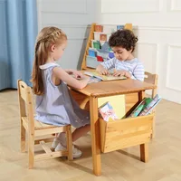 Kids Solid Wood Table and 2 Chair Set with Storage Desk and Chair Set for Children Toddler Activity Table (Solid Wood/Natural) 2
