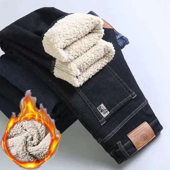 Winter Warm Fleece Jeans Men 2023 Straight Stretch Thick Casual Thermal Denim Pants Male Business Work Trousers New Men Clothing 1