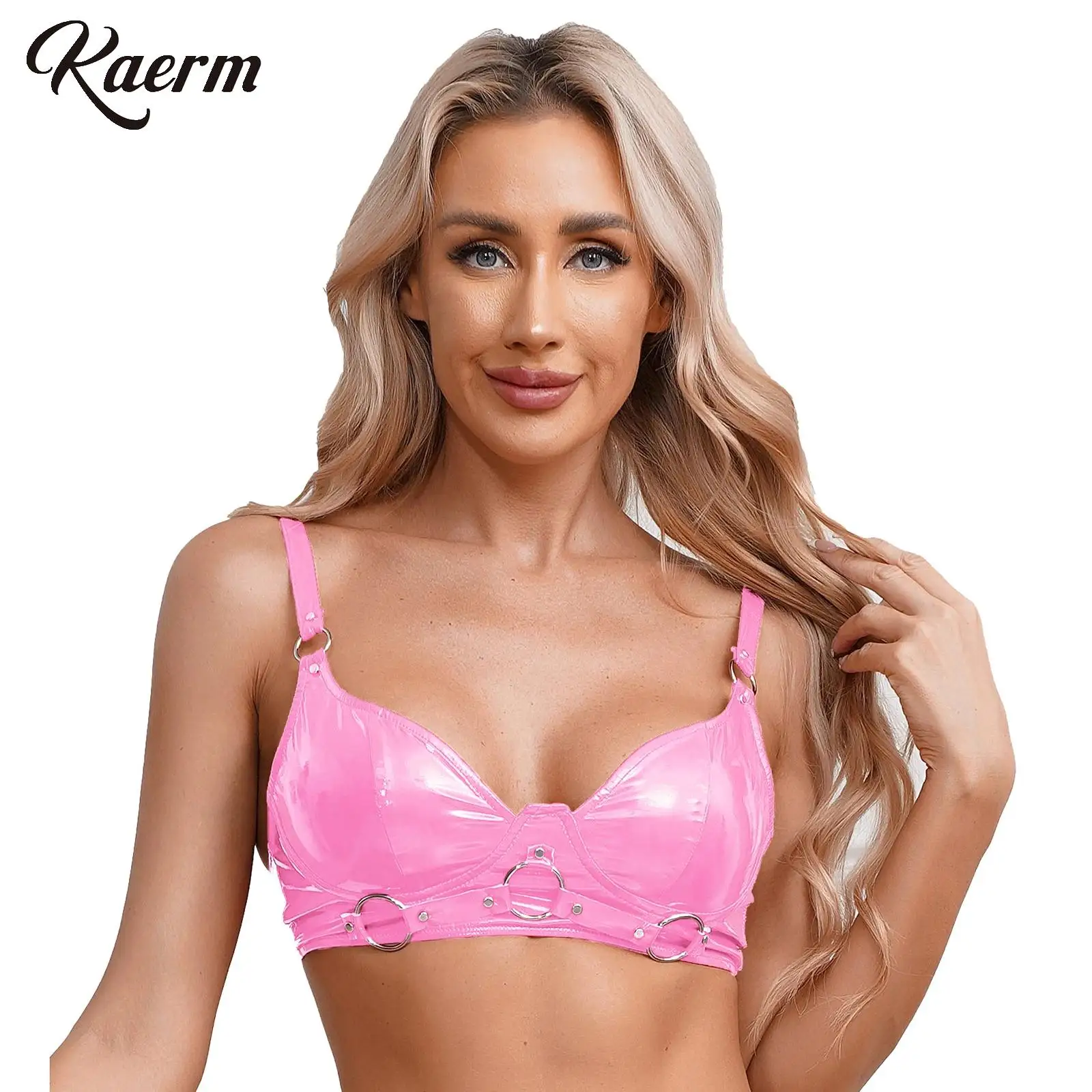 

Women Patent Leather Push Up Bra Top Wet Look Metal O-Ring Rivet Wirefree Punk Gothic Bralette Lingerie Clubwear