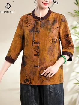 Elegante camisa de seda birdtree para mulheres, blusas chinesas retrô, gaze retrô oversize 100% seda real, top novo, verão, T44487QM